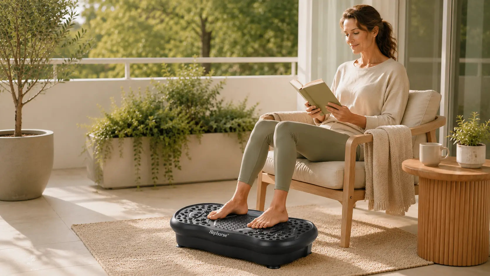 Woman relaxing on a balcony while reading a book with both feet on a Hophorse vibration plate, showing why it is one of the best vibration plates for home use.