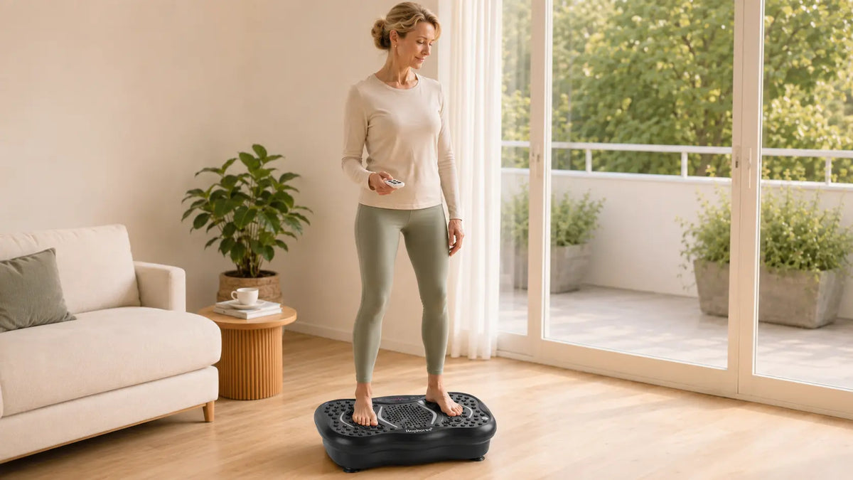 Woman preparing to use a Hophorse vibration plate with secure footing, soft knees, and the remote in hand