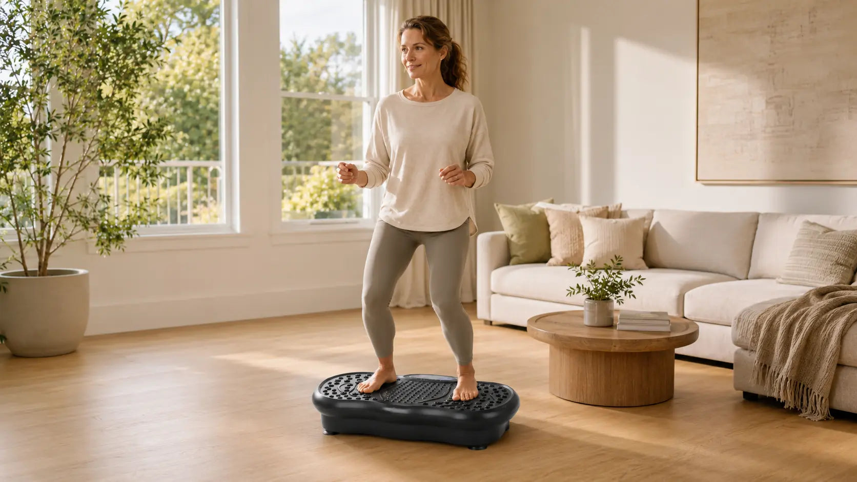A woman over 40 standing barefoot on a black vibration plate machine in a bright living room doing a light squat.