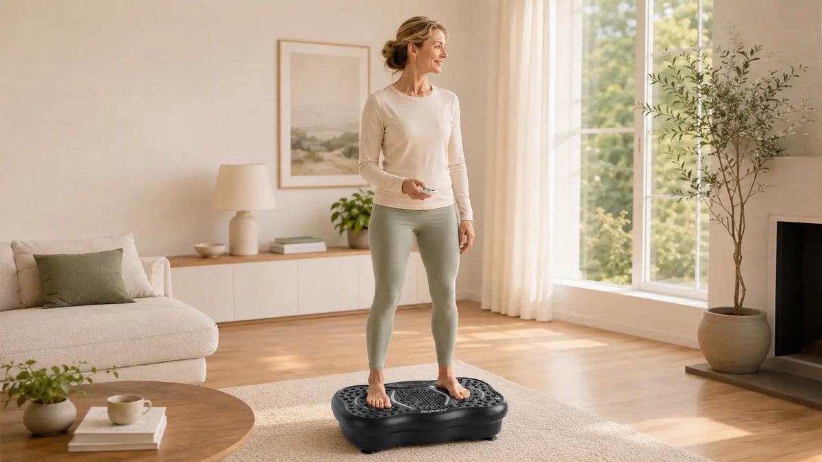 Woman in her 40s using a compact vibration plate during a relaxed home workout routine