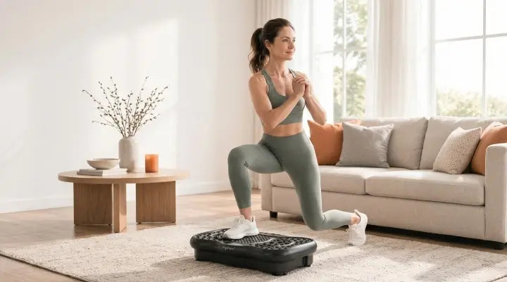 A woman performing a lunge exercise on a whole-body vibration plate during a beginner home fitness routine.