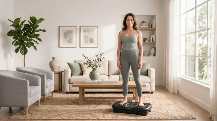 A woman practicing a basic standing pose on a home vibration plate while testing beginner-friendly speed settings.