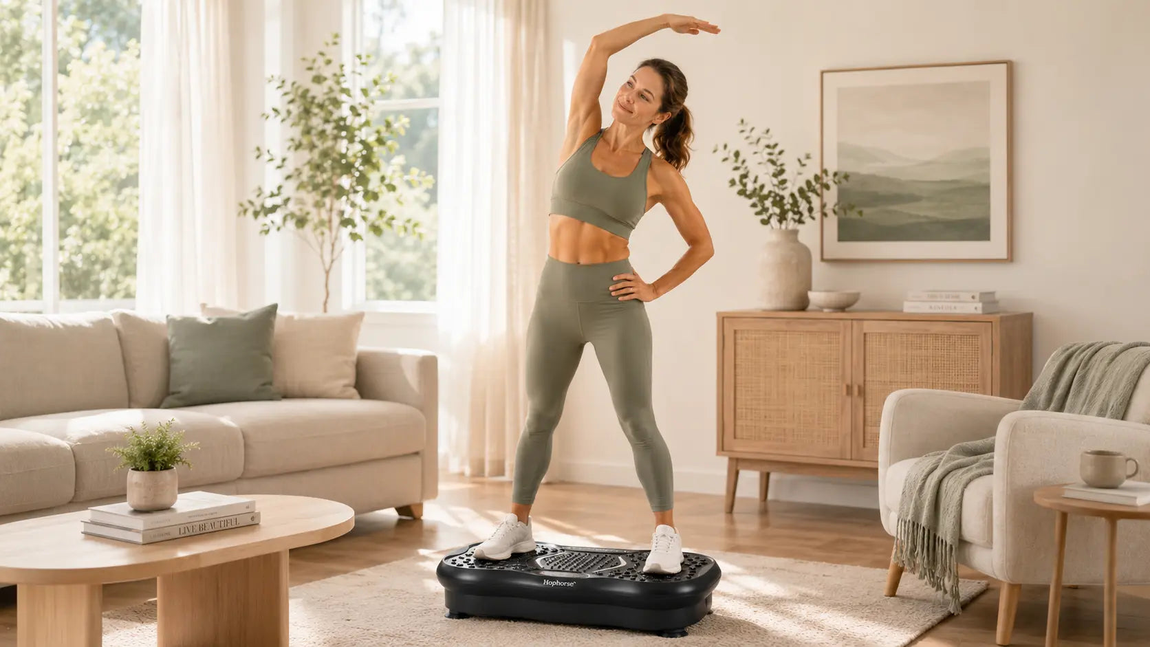Woman doing a side stretch on a Hophorse vibration plate during a low-impact home workout in a bright living room, illustrating how often to use a vibration plate for a weekly fitness routine.