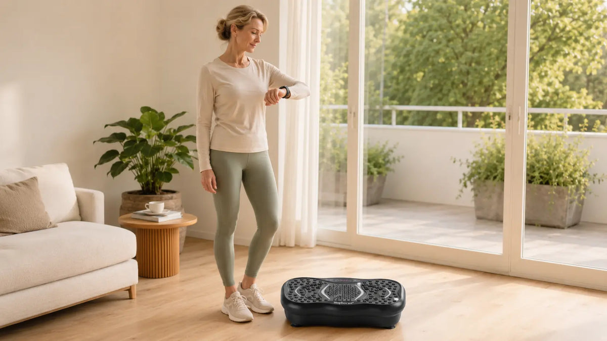 Woman checking her step count beside a Hophorse vibration plate in a bright living room