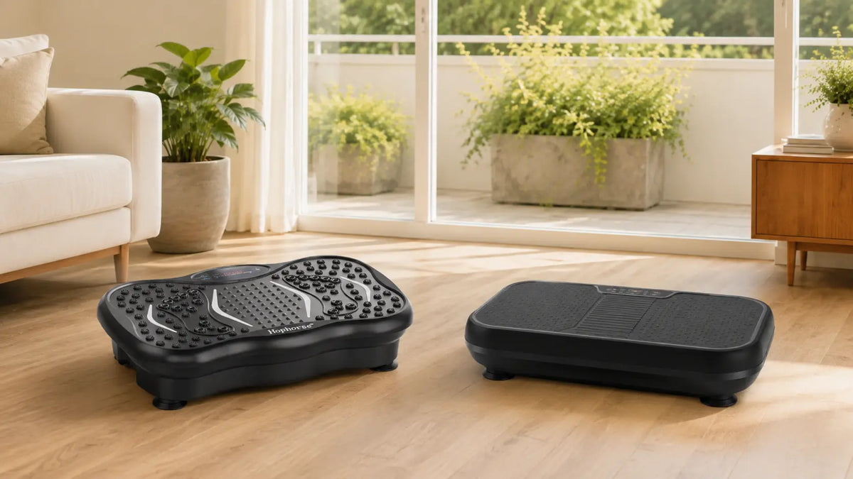Hophorse and LifePro vibration plates compared in a bright home workout space