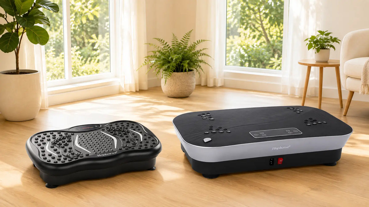 Compact and larger Hophorse vibration plates compared in a bright home workout space