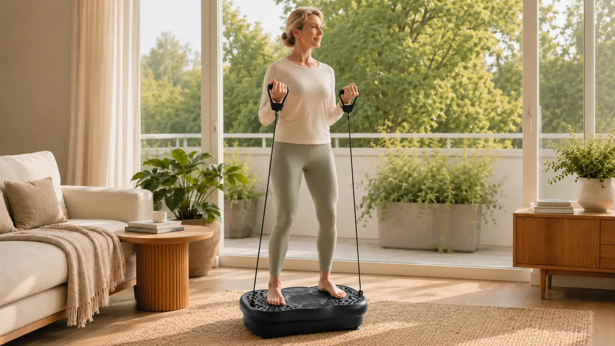 Woman using a Hophorse vibration plate with resistance bands in a bright home workout space