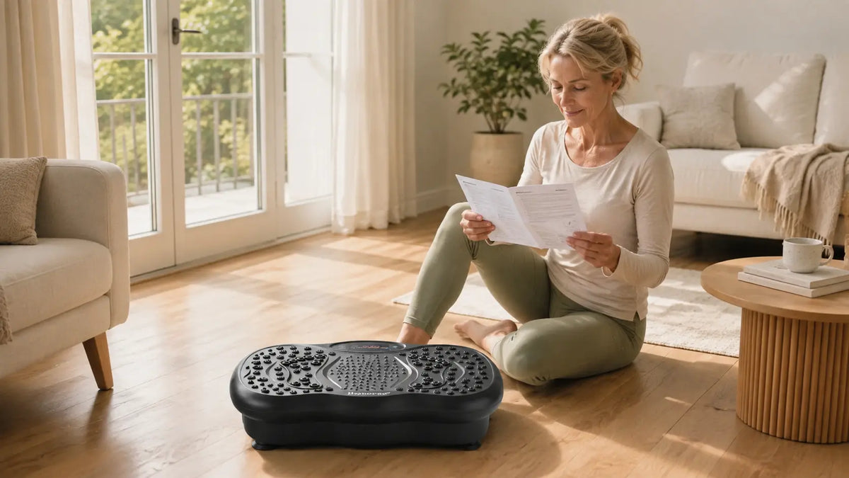 Woman reviewing vibration plate safety information in a bright home workout space