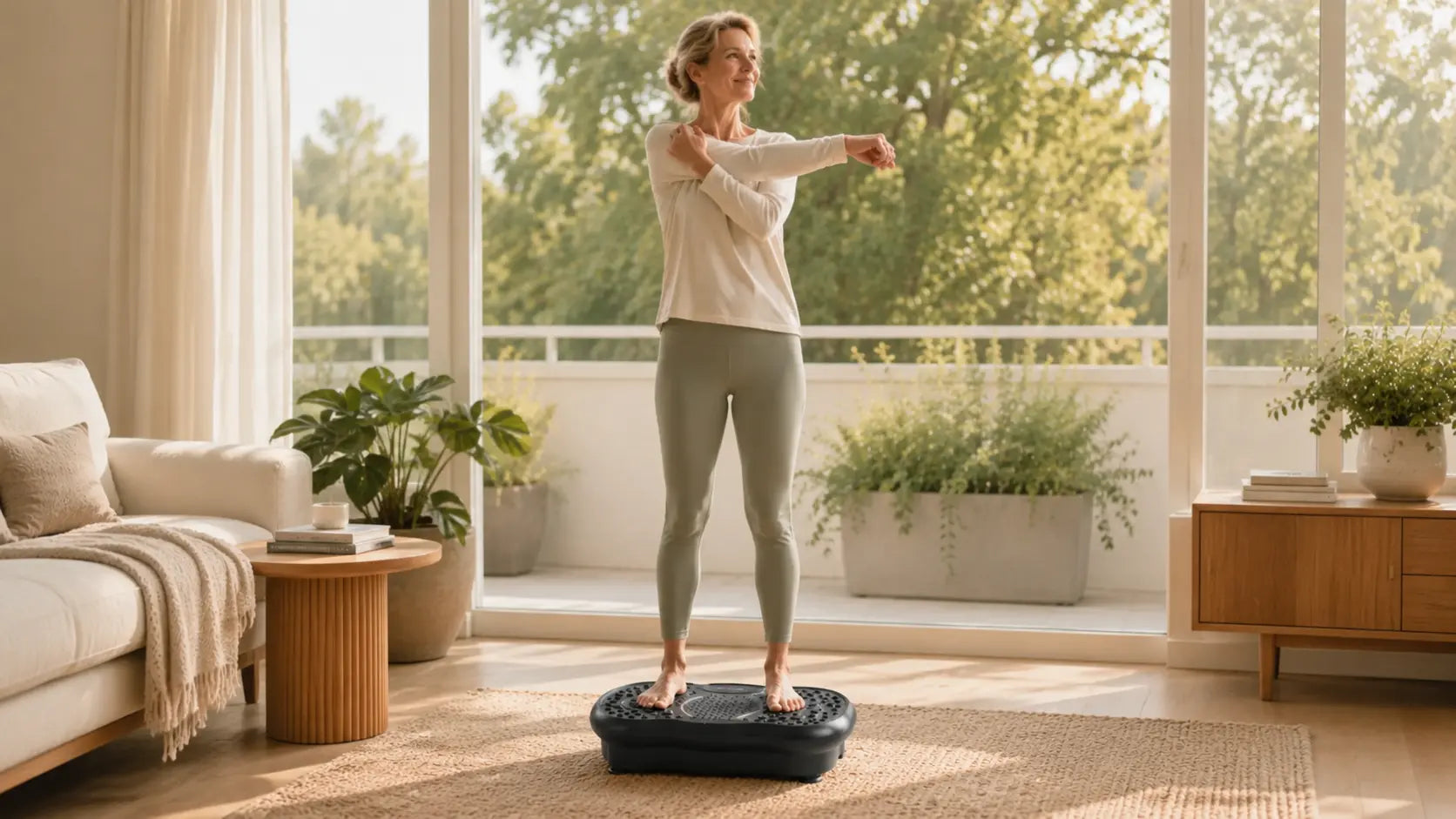 Older woman stretching on a vibration plate during a relaxing home workout