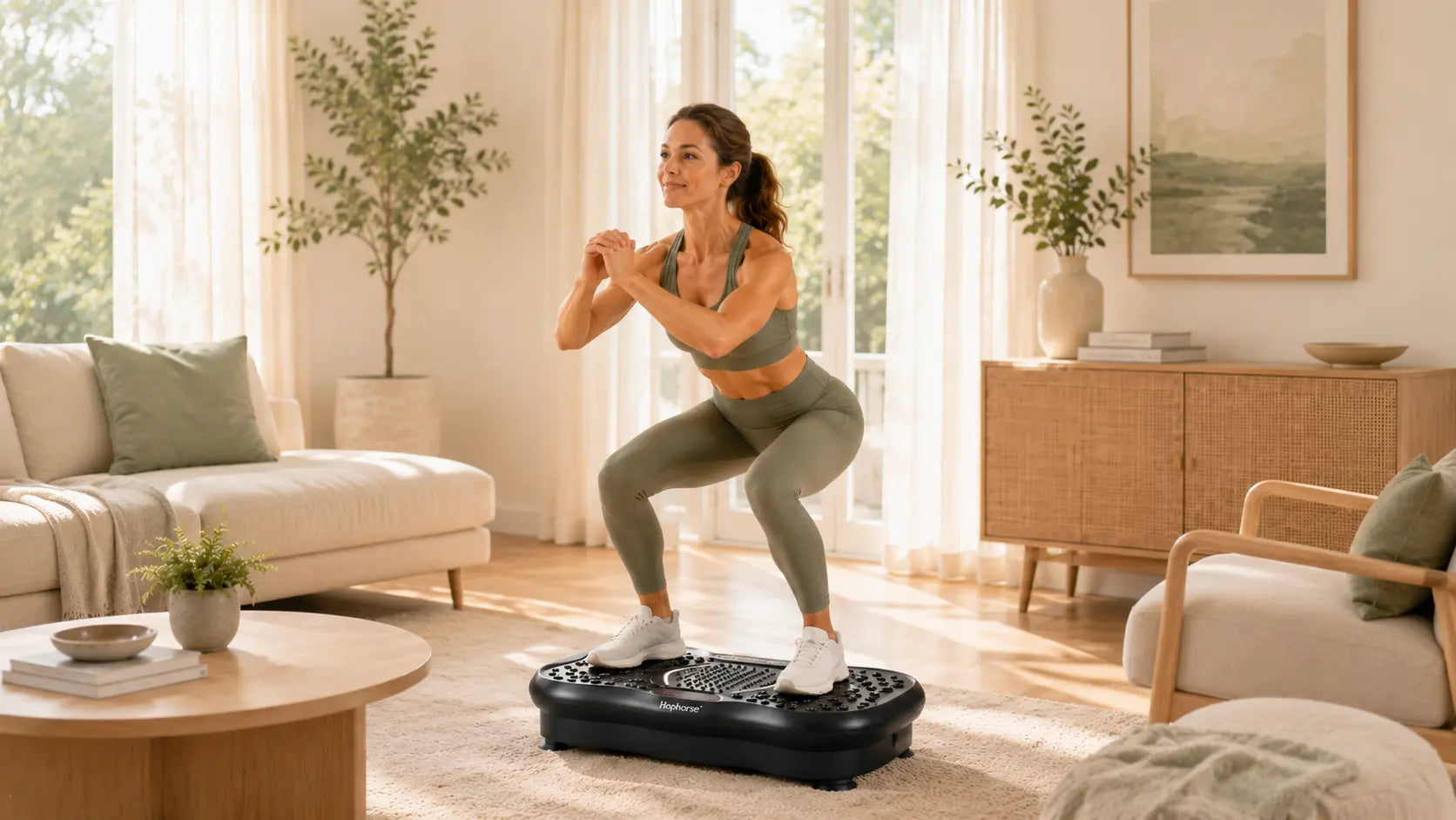 Woman performing a squat on a Hophorse vibration plate in a bright living room as part of a 10-minute vibration plate workout plan.