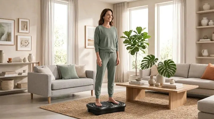 A healthy woman standing on a black home vibration plate in a bright living room, demonstrating a basic posture for beginner vibration plate exercises.