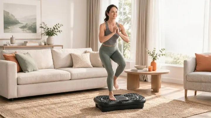 A woman performing a single-leg balance exercise on a whole-body vibration plate in a bright, modern living room for a home workout.