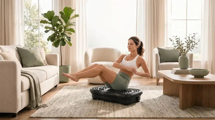 A woman practicing a seated V-sit core exercise, demonstrating effective vibration plate positions for beginners at home.