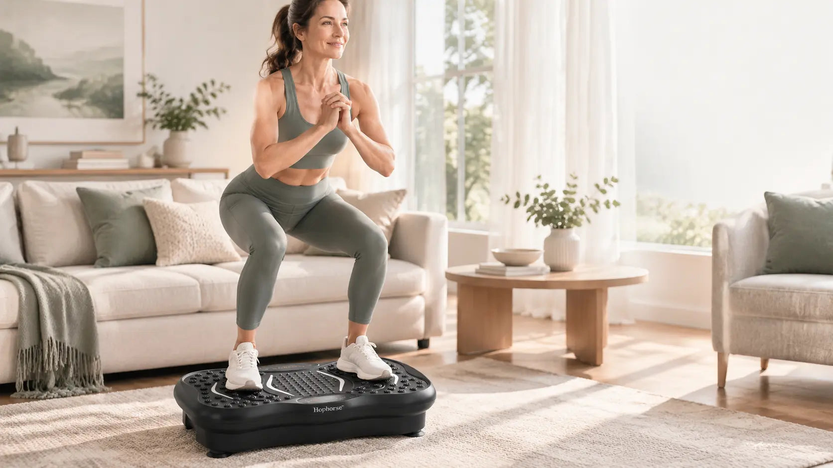 A middle-aged woman practicing a beginner squat routine on a black Hophorse vibration plate in a bright, modern living room, establishing a daily home fitness habit.