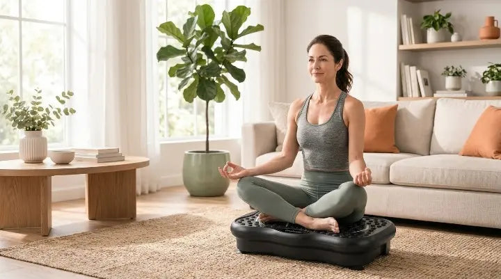 A woman sitting cross-legged in a meditation pose on a vibration plate for a mindful home routine.