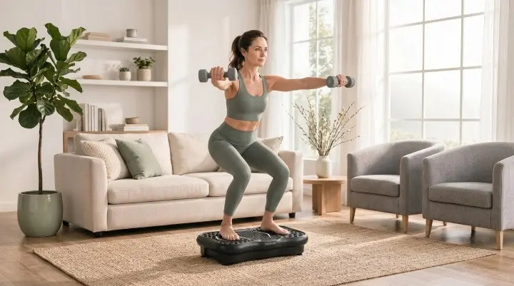 Woman doing dumbbell squat on a vibration plate machine in a bright, cozy home gym. Clean and fresh interior style. Vibration plate workout tutorial for beginners.
