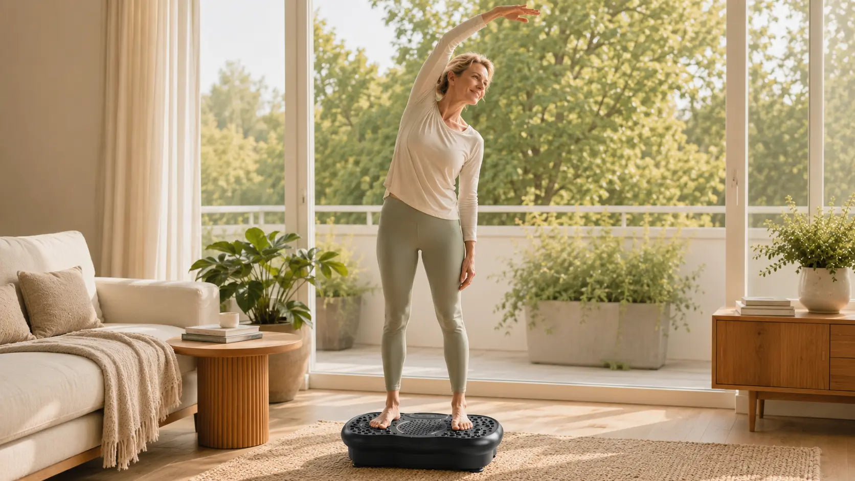 Woman over 40 stretching on a black vibration plate during a bright home workout.