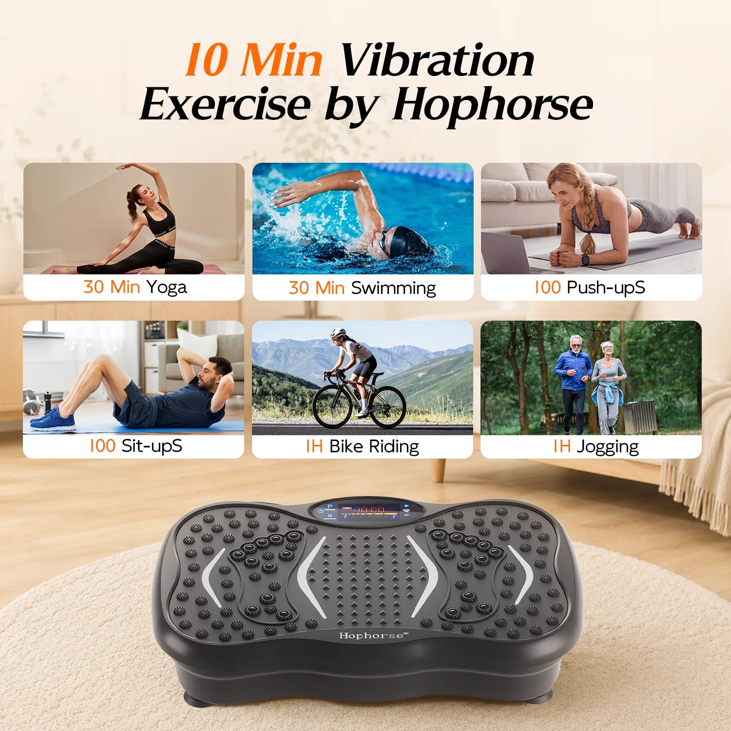 HopHorse vibration plate 10-minute exercise comparison with yoga, swimming, push-ups, sit-ups, cycling and jogging