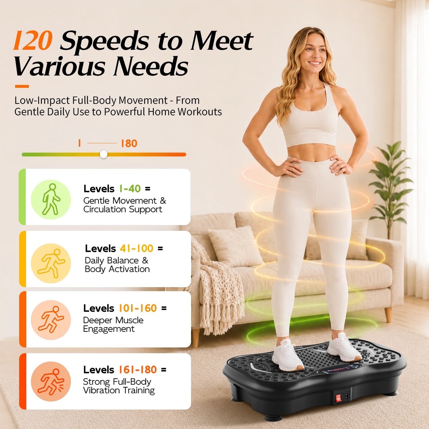 HopHorse vibration plate adjustable 1 to 180 speed levels for gentle movement and stronger home training