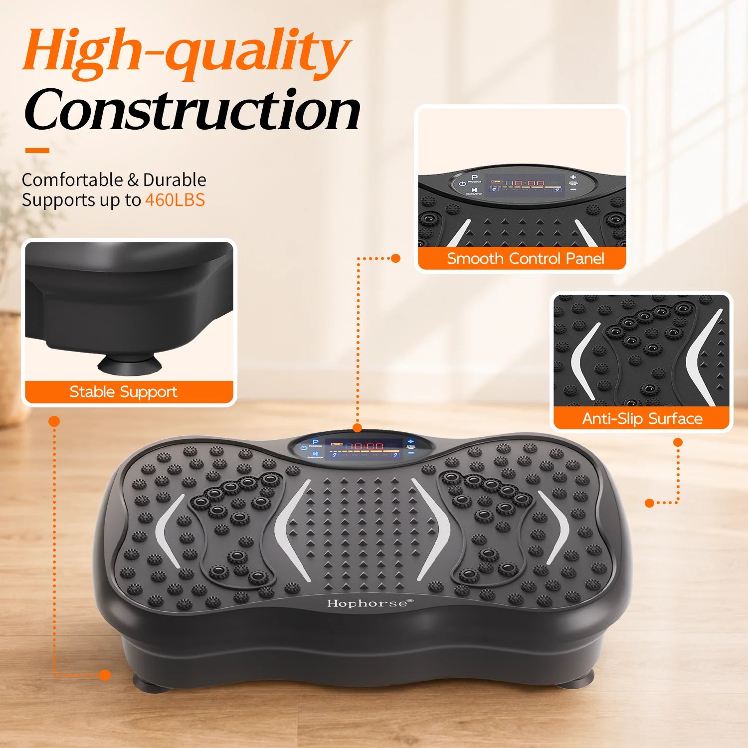 HopHorse vibration plate anti-slip surface, stable suction feet and smooth control panel