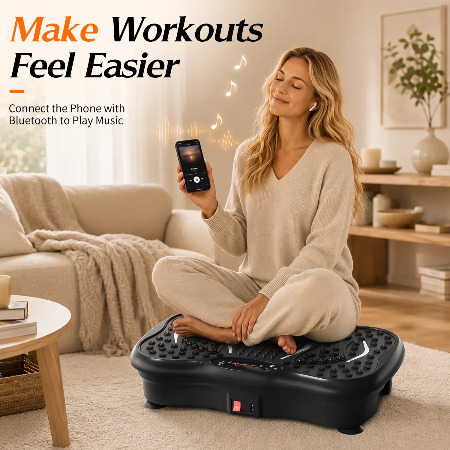 Woman using HopHorse vibration plate with Bluetooth music for easier home workouts