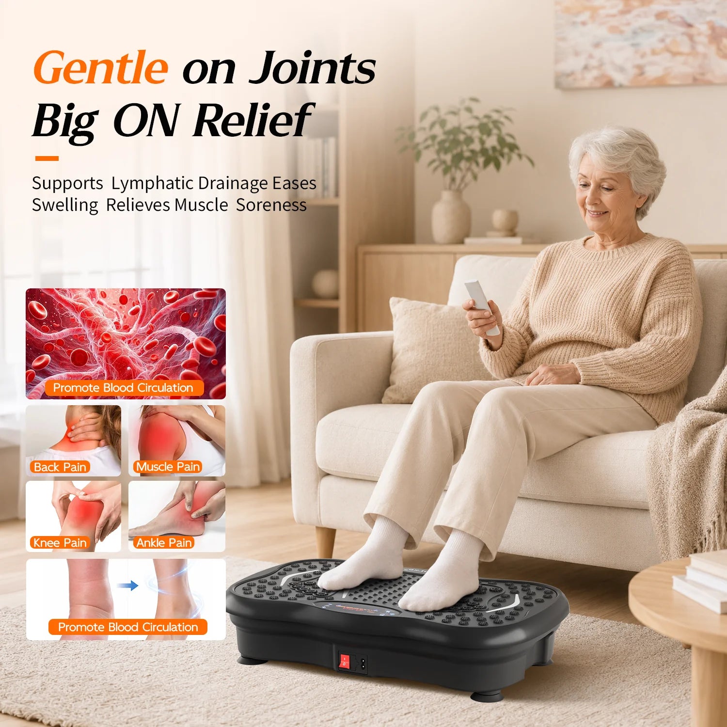 Senior woman using HopHorse vibration plate for gentle joint-friendly movement and circulation support
