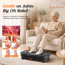Senior woman using HopHorse vibration plate for gentle joint-friendly movement and circulation support