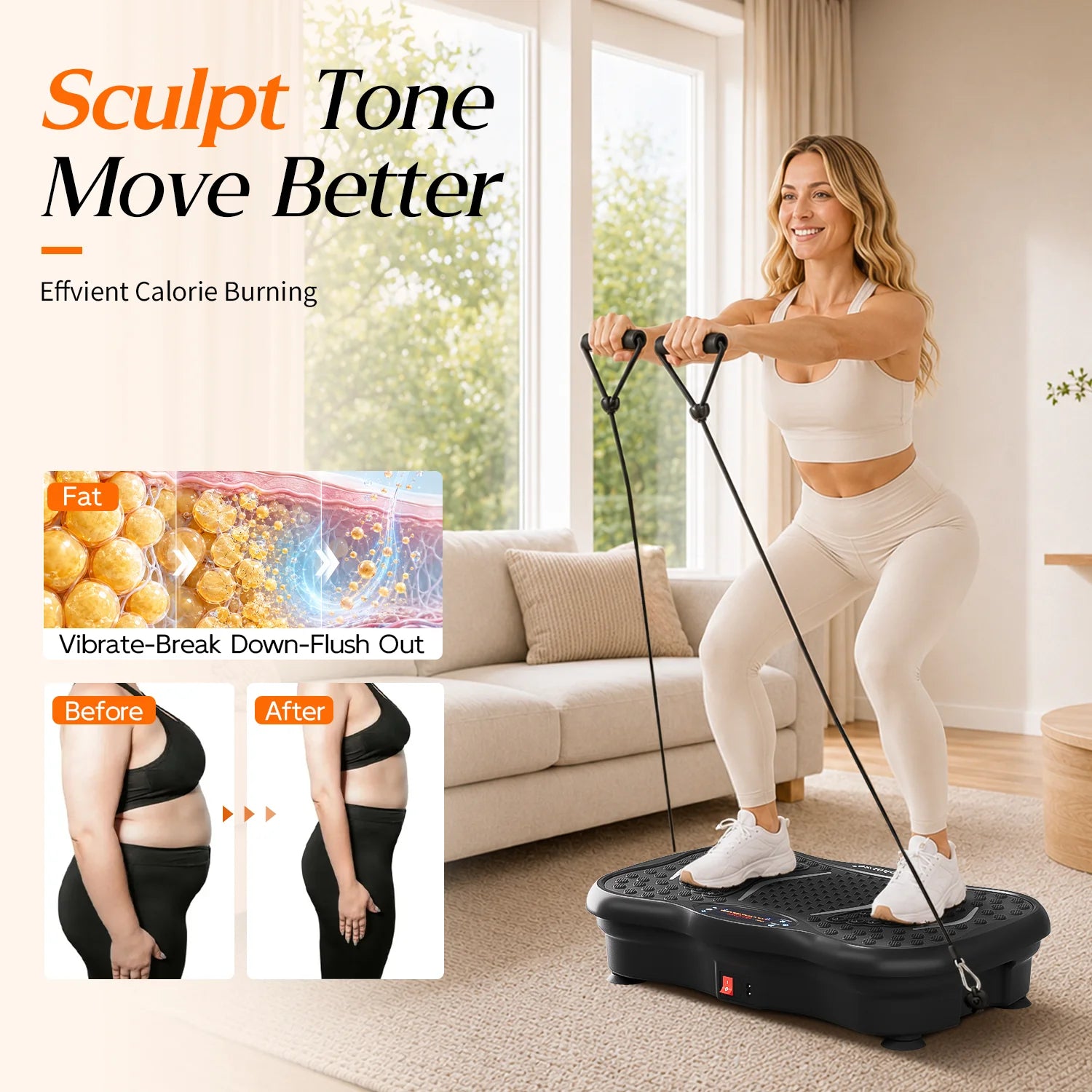 Woman using HopHorse vibration plate with resistance bands for low-impact toning workout
