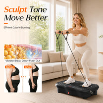 Woman using HopHorse vibration plate with resistance bands for low-impact toning workout