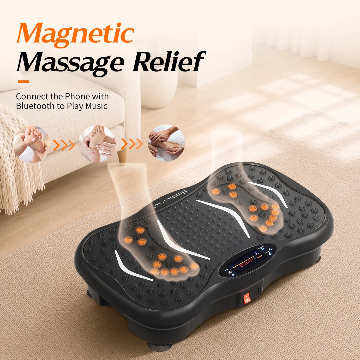 HopHorse vibration plate with magnetic foot massage points and Bluetooth music for at-home relaxation
