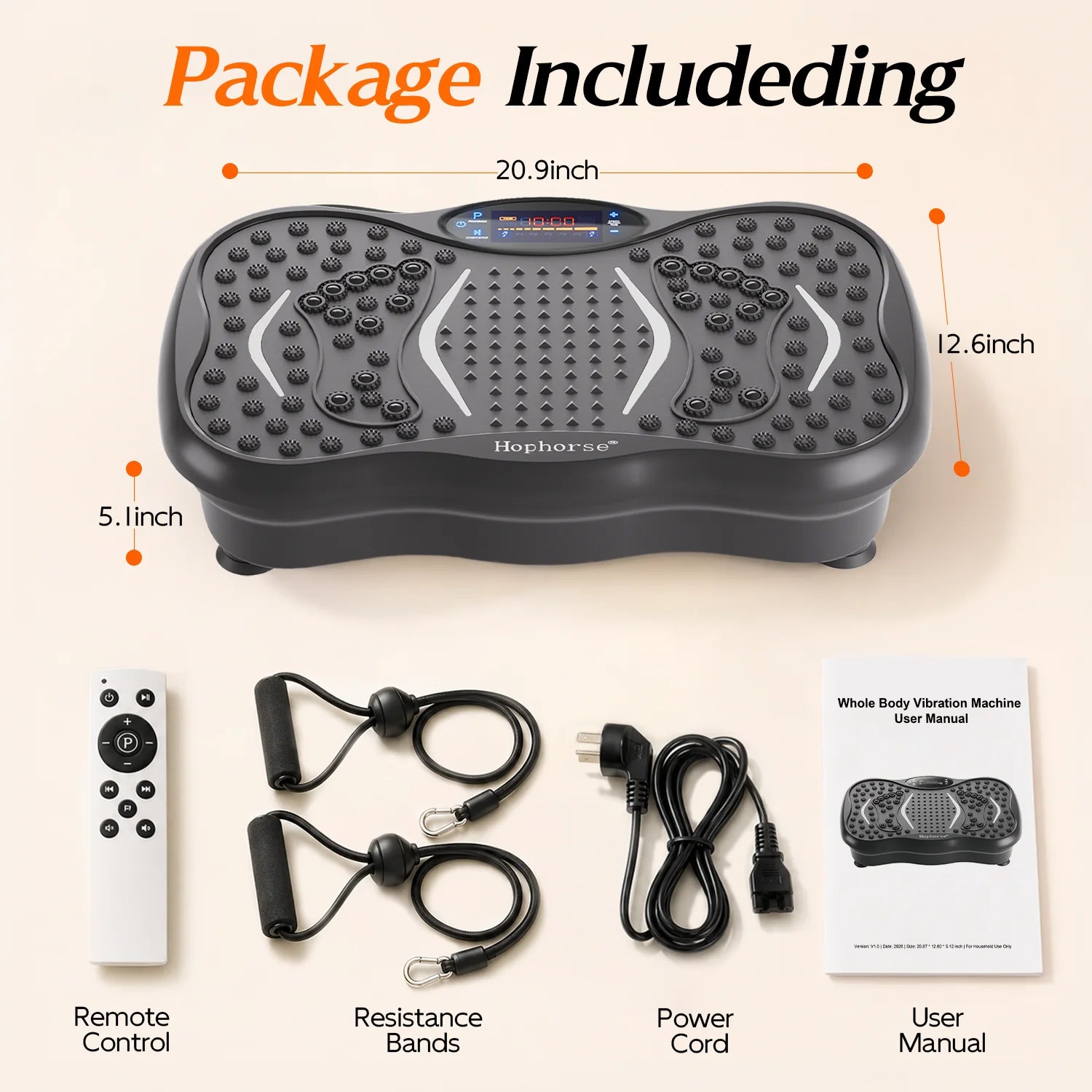 HopHorse vibration plate dimensions and included remote, resistance bands, power cord and manual